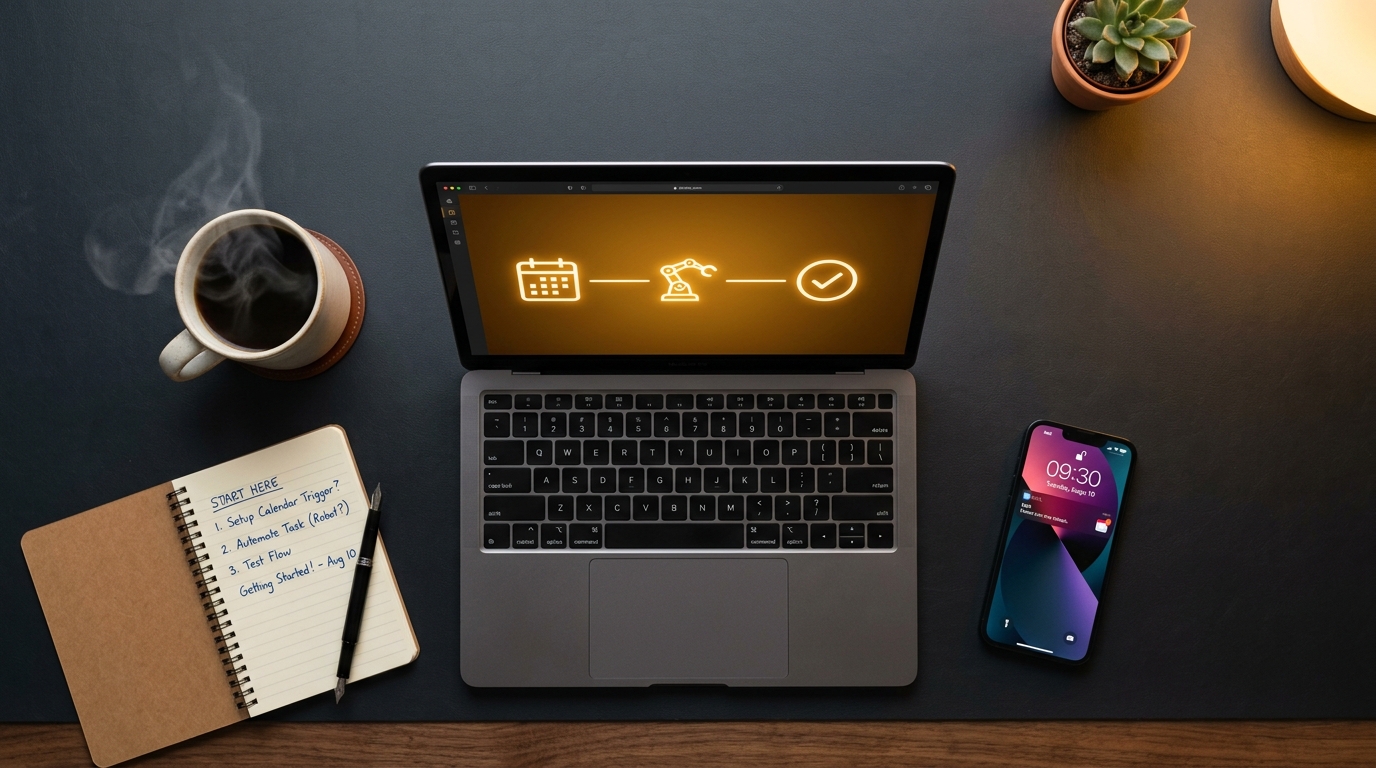 Overhead view of a laptop showing an automation workflow on a clean desk